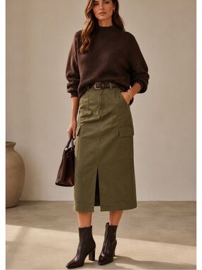 Gianni Bini Paige High Rise Belted Midi Green Cargo Skirt 26 Small 4 6 cotton